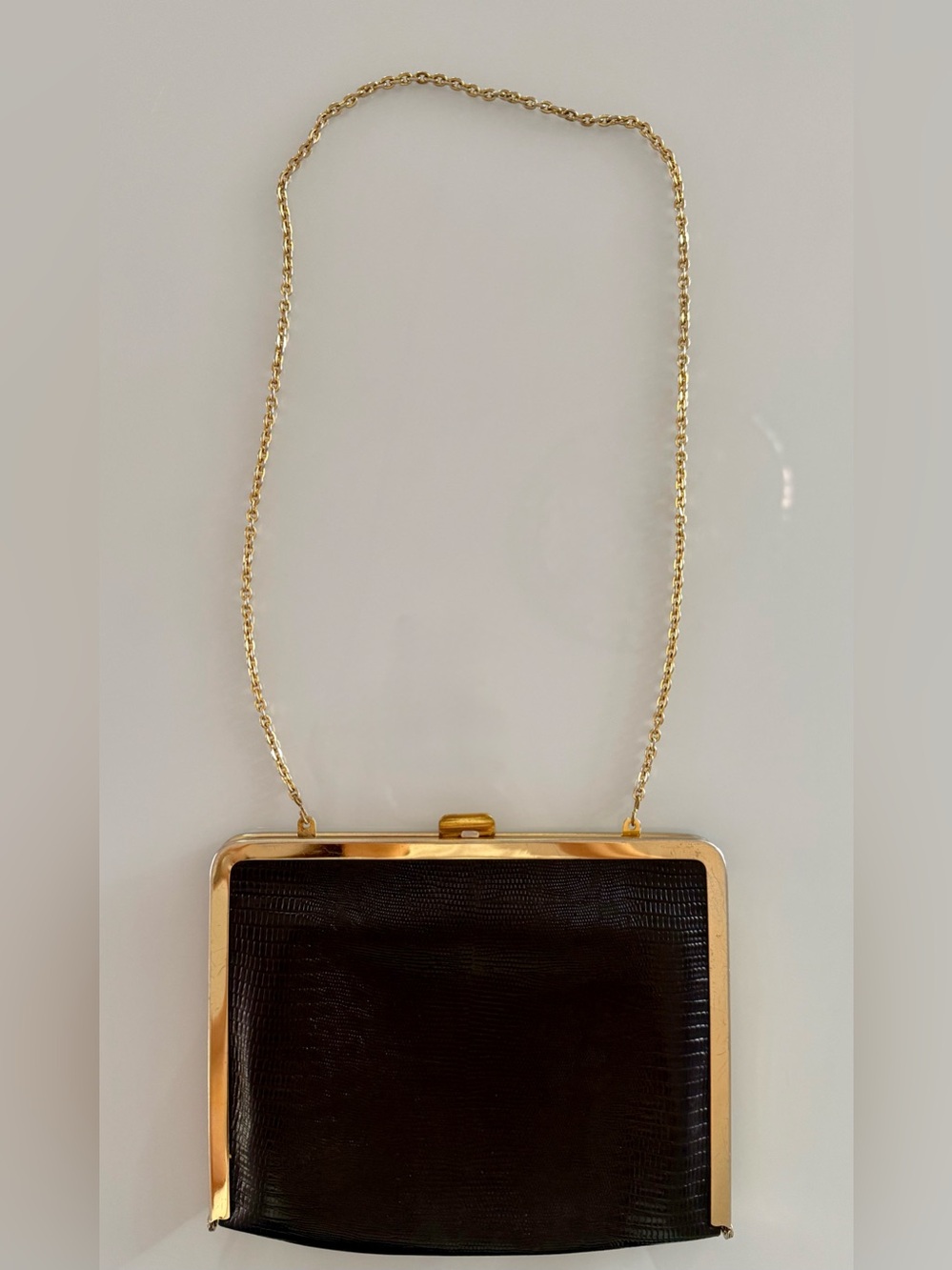 ETRA Vintage Black Lizard Leather Purse Clutch Convertible Handbag Gold Chain - Picture 3 of 7
